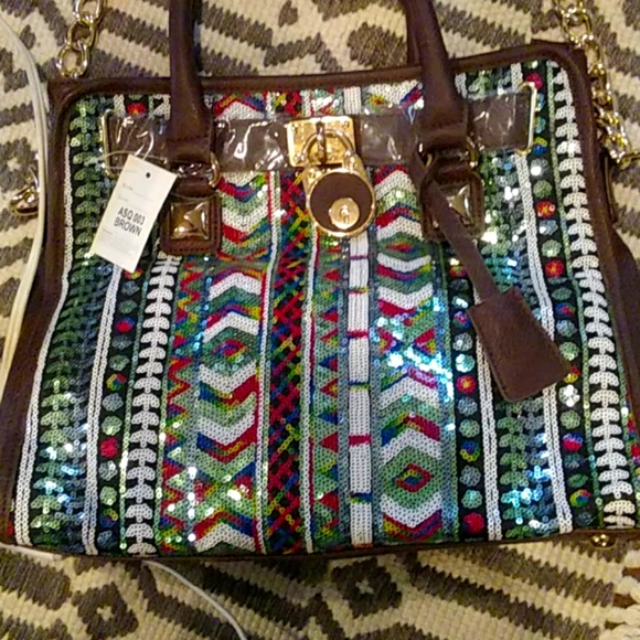 Multicolored sequined large handbag with 2 straps - Picture 2 of 9